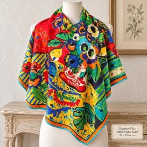 Vintage Elegance Paris 1980s Matisse Style Floral Scarf Yellow Turquoise 35x35
